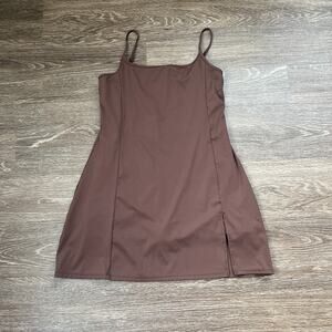 Qinsen Brown Spaghetti Strap Mini Dress L Athletic Tennis-Style A-line Side Slit